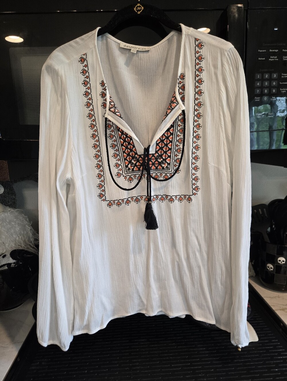 Daniel Rainn White Peasant Tunic with Black and Orange Embroidery. Size L